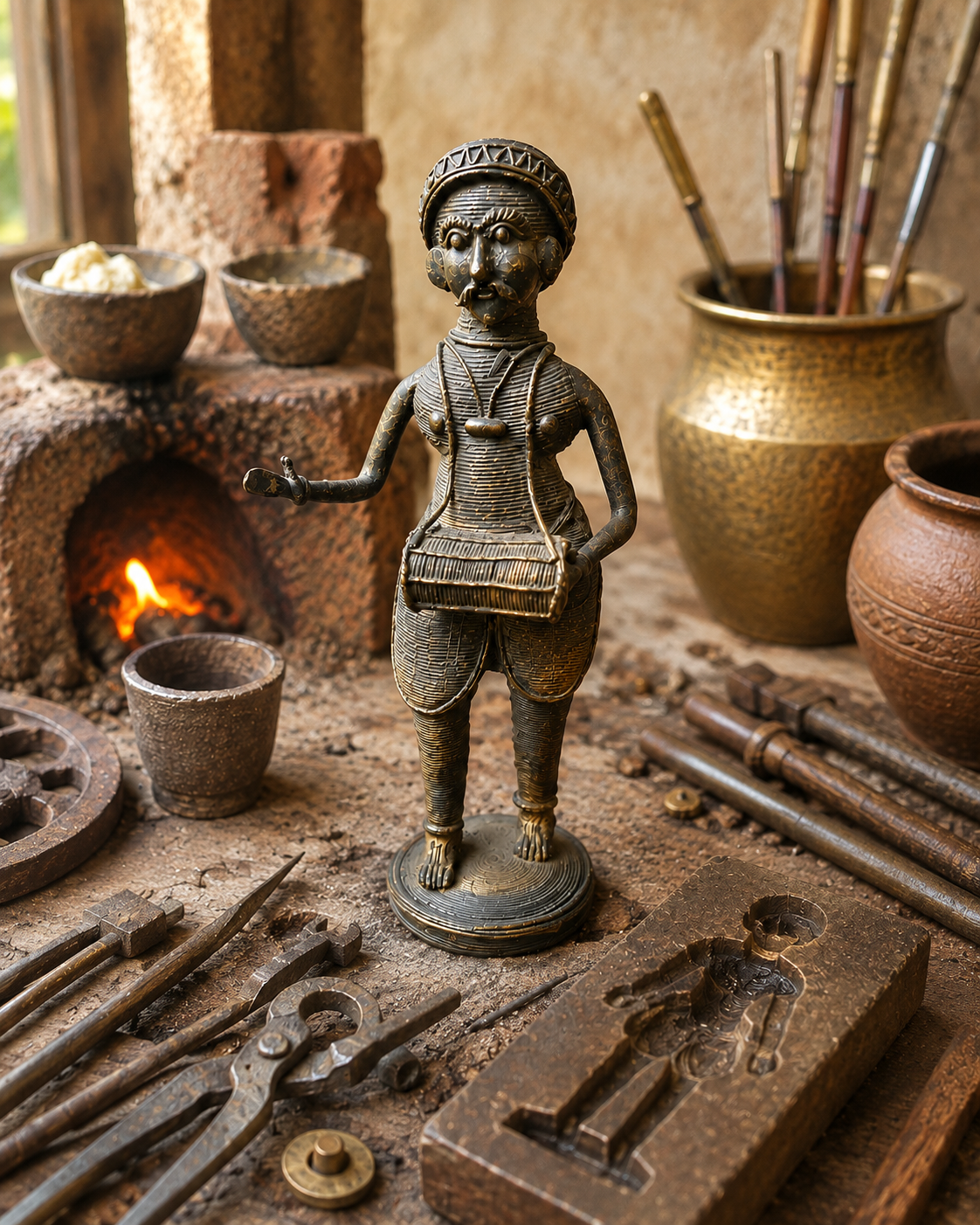 Statuette Bastar en laiton, Art Tribal Dokra, musicien. art tribal Inde.