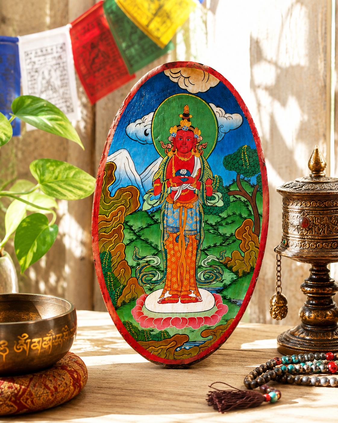 Peinture népalaise sur une tranche de bois d'Avalokiteshvara, bodhisattva de la compassion dans le bouddhisme Mahayana.